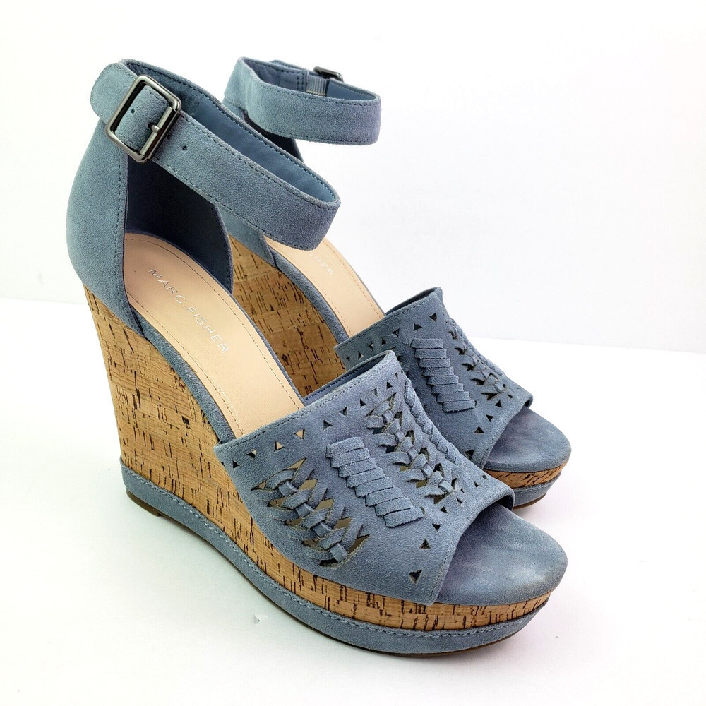 Marc Fisher Hillana Womens Size 9 Blue Leather Ankle Strap Wedge Platform Sandal